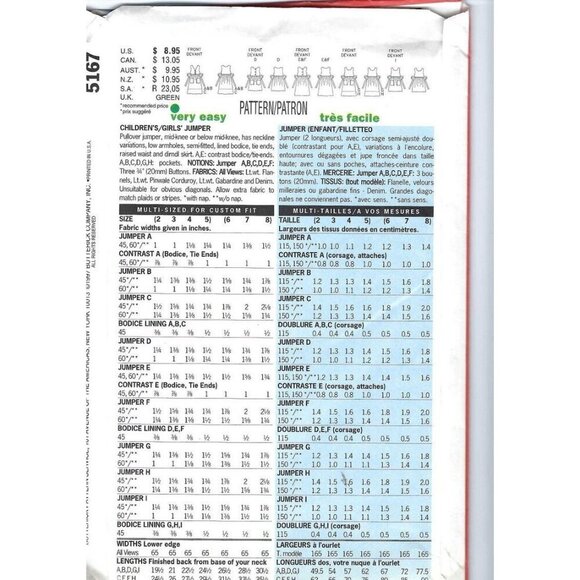 Butterick Sewing Pattern 5167 Jumper Girls Size 2-5 - Picture 2 of 2